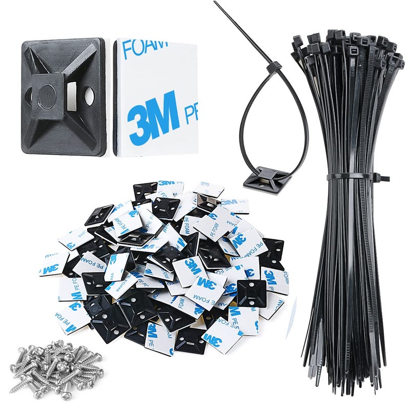XHF 3/4" Strong Back-Glue Self Adhesive Black Cable Zip Tie Mounts 100pcs with 8" Zip Ties, Screws, UV Protection Outdoor Sticky Wire Fasteners Cable Clips Management Anchors Organizer Holders Squares - Image 1